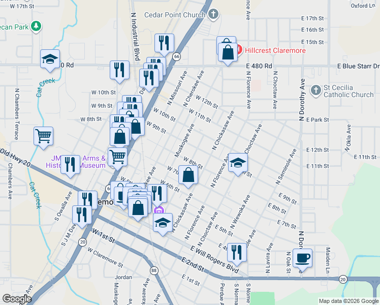 map of restaurants, bars, coffee shops, grocery stores, and more near 220 West 9th Street in Claremore