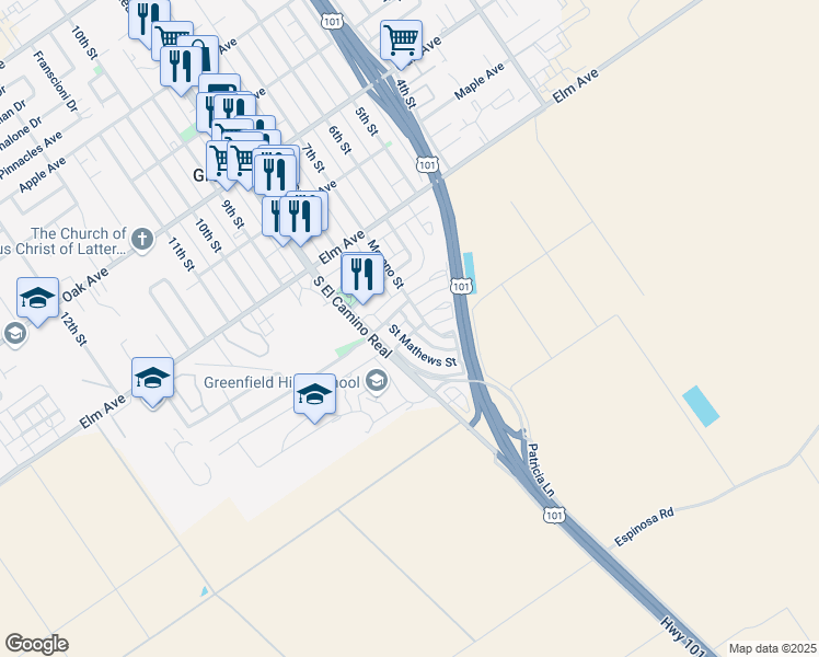 map of restaurants, bars, coffee shops, grocery stores, and more near 712 Teneyuque Avenue in Greenfield