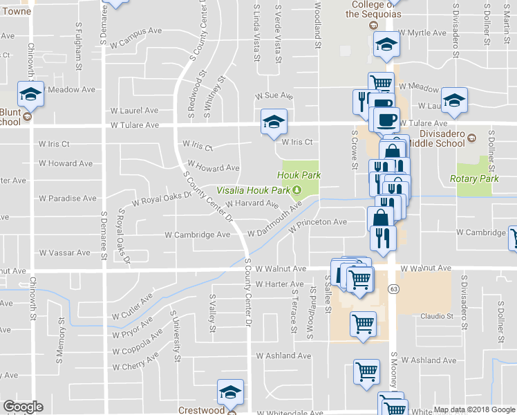 map of restaurants, bars, coffee shops, grocery stores, and more near 2819 West Harvard Avenue in Visalia