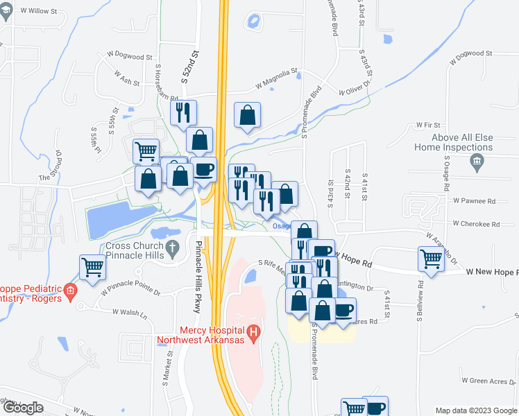 map of restaurants, bars, coffee shops, grocery stores, and more near 1715 South 46th Street in Rogers
