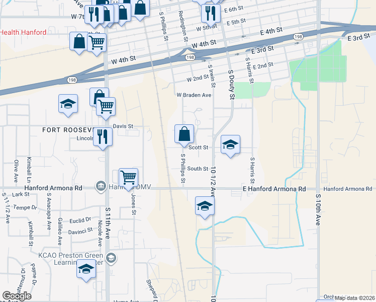 map of restaurants, bars, coffee shops, grocery stores, and more near 224 Scott Street in Hanford