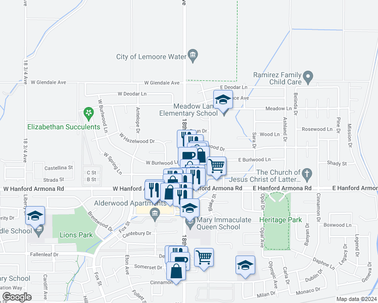 map of restaurants, bars, coffee shops, grocery stores, and more near 1335 18th Avenue in Lemoore