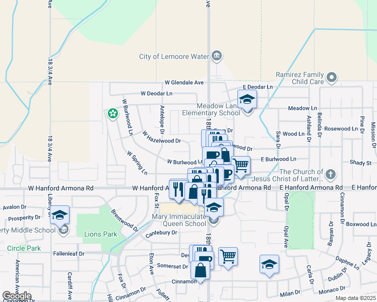 map of restaurants, bars, coffee shops, grocery stores, and more near 150 West Hazelwood Drive in Lemoore