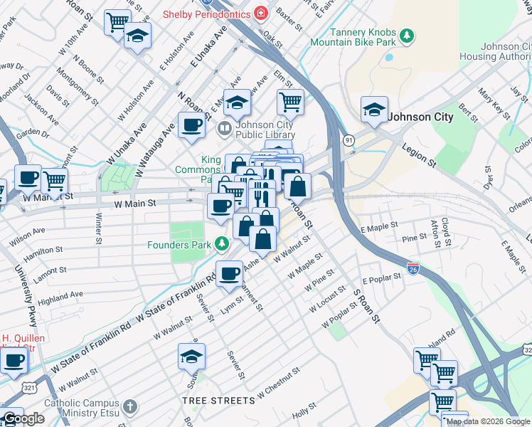 map of restaurants, bars, coffee shops, grocery stores, and more near 222 East Main Street in Johnson City