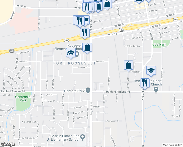 map of restaurants, bars, coffee shops, grocery stores, and more near South 11th Avenue & Washington Street in Hanford