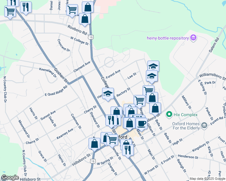map of restaurants, bars, coffee shops, grocery stores, and more near 308 College Street in Oxford