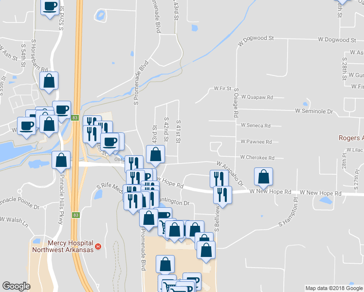 map of restaurants, bars, coffee shops, grocery stores, and more near 1729 South 41st Street in Rogers