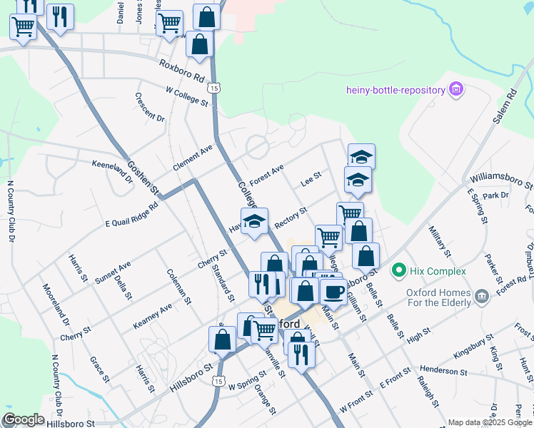 map of restaurants, bars, coffee shops, grocery stores, and more near 308 College Street in Oxford