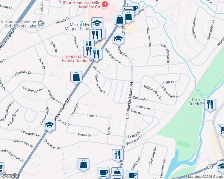 map of restaurants, bars, coffee shops, grocery stores, and more near 108 Pebble Creek Drive in Hendersonville