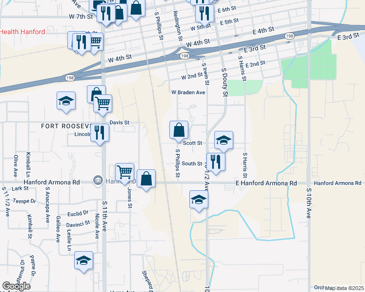 map of restaurants, bars, coffee shops, grocery stores, and more near 224 Scott Street in Hanford