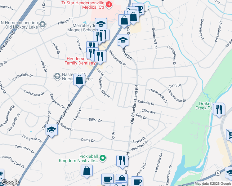map of restaurants, bars, coffee shops, grocery stores, and more near 109 Pebble Creek Drive in Hendersonville
