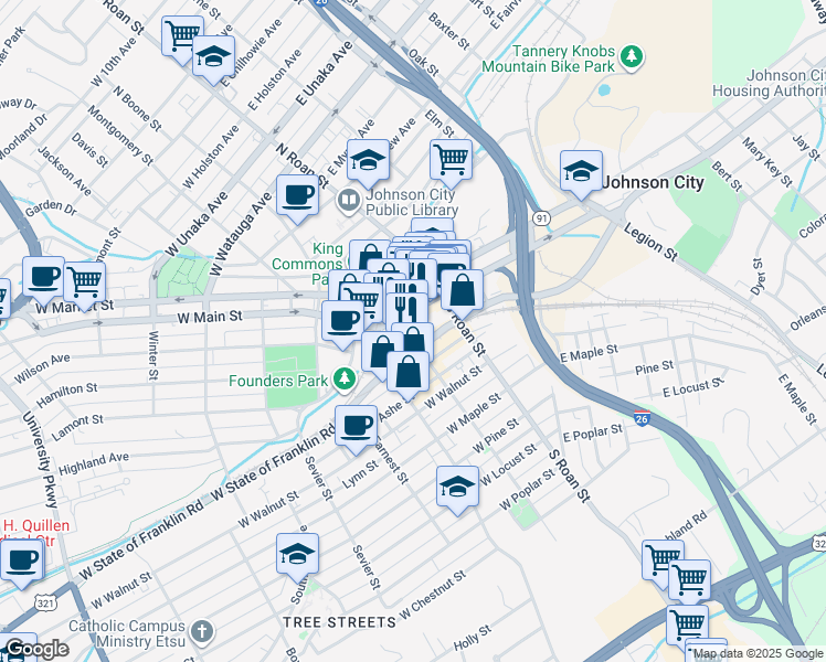 map of restaurants, bars, coffee shops, grocery stores, and more near 222 East Main Street in Johnson City