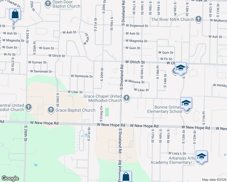 map of restaurants, bars, coffee shops, grocery stores, and more near 1702 South Dixieland Road in Rogers