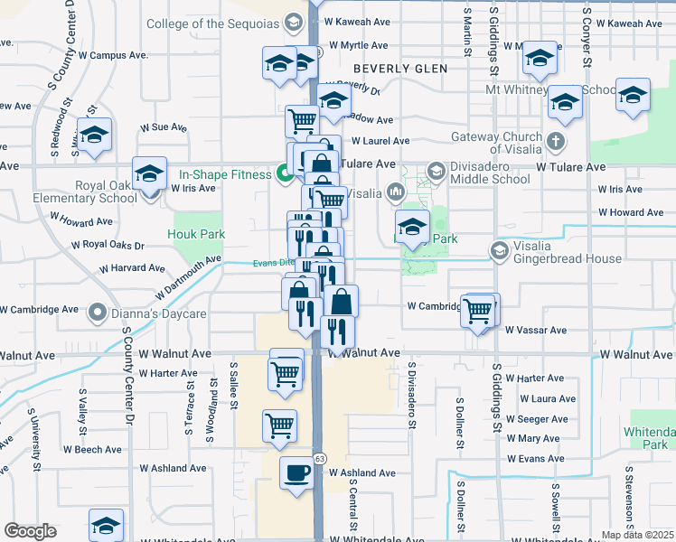 map of restaurants, bars, coffee shops, grocery stores, and more near 1542 South Mooney Boulevard in Visalia