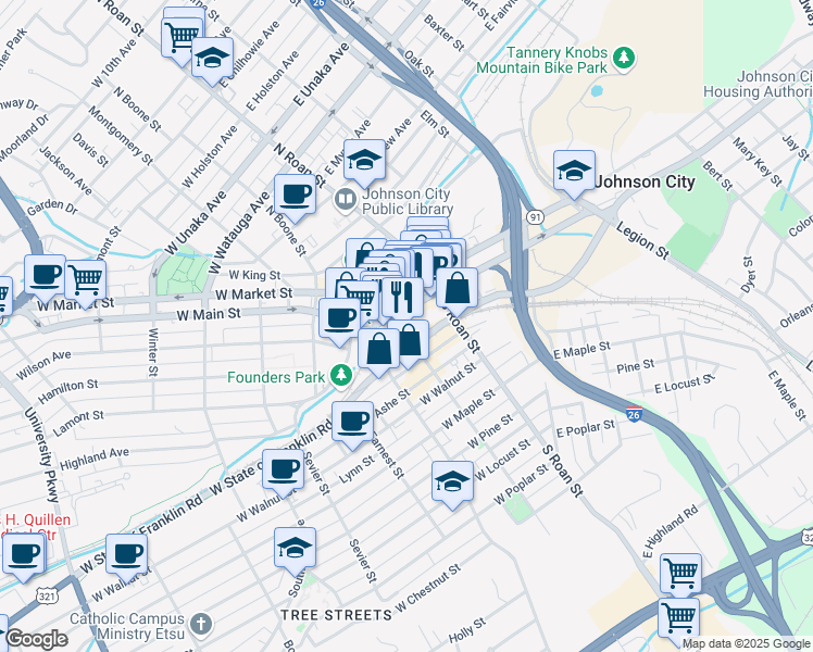 map of restaurants, bars, coffee shops, grocery stores, and more near 222 East Main Street in Johnson City