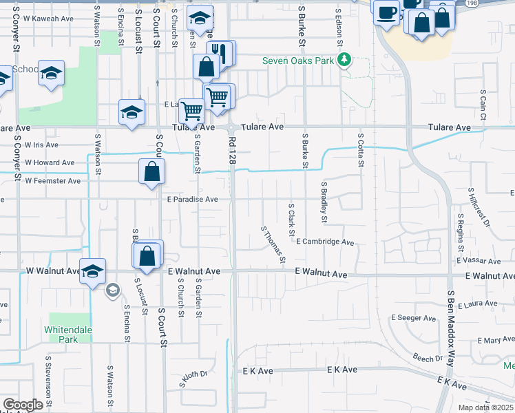 map of restaurants, bars, coffee shops, grocery stores, and more near 1623 South Thomas Street in Visalia