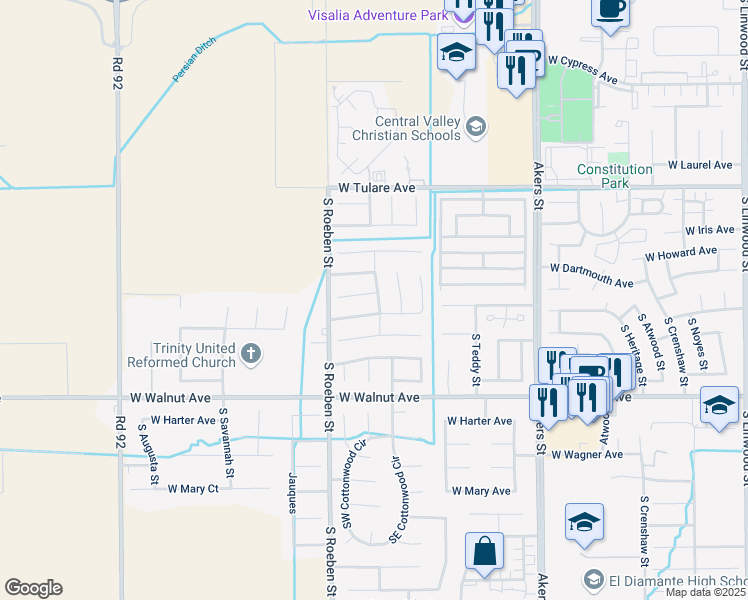 map of restaurants, bars, coffee shops, grocery stores, and more near 1538 South Tommy Street in Visalia