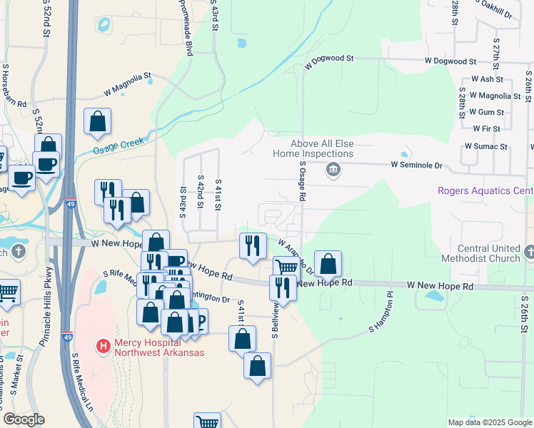 map of restaurants, bars, coffee shops, grocery stores, and more near 3818 West Pawnee Road in Rogers