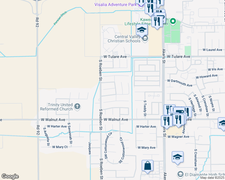 map of restaurants, bars, coffee shops, grocery stores, and more near 5923 West Feemster Court in Visalia