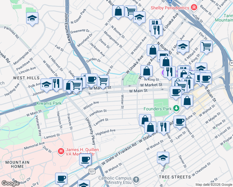 map of restaurants, bars, coffee shops, grocery stores, and more near 409 West Main Street in Johnson City