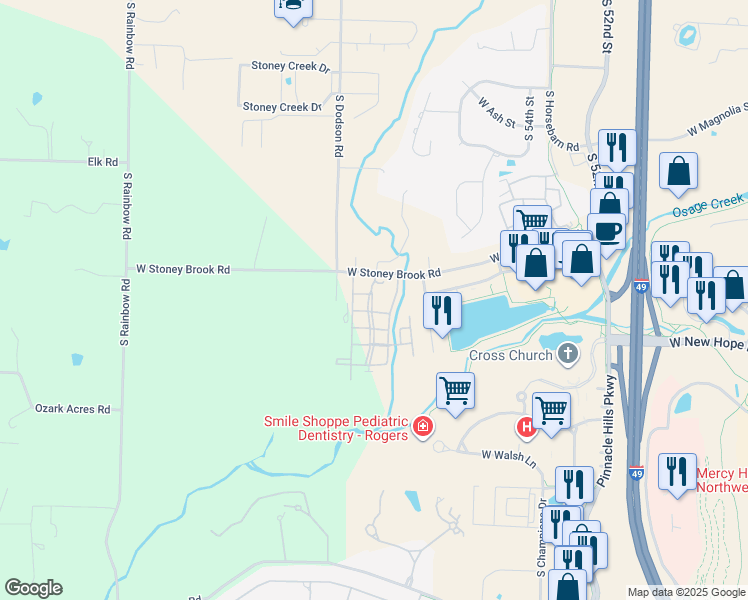 map of restaurants, bars, coffee shops, grocery stores, and more near 5900 West Stoney Brook Road in Rogers