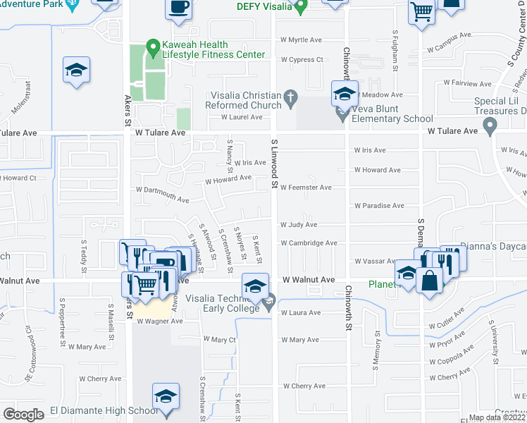 map of restaurants, bars, coffee shops, grocery stores, and more near 1620 South Rossmoor Court in Visalia