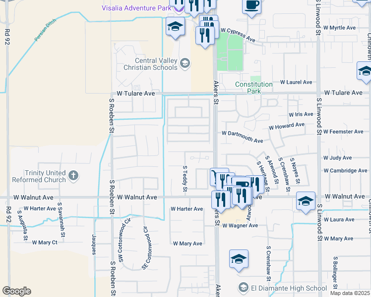 map of restaurants, bars, coffee shops, grocery stores, and more near 5516 West Judy Avenue in Visalia
