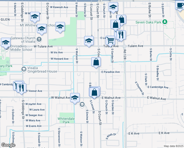 map of restaurants, bars, coffee shops, grocery stores, and more near 207 West Paradise Avenue in Visalia