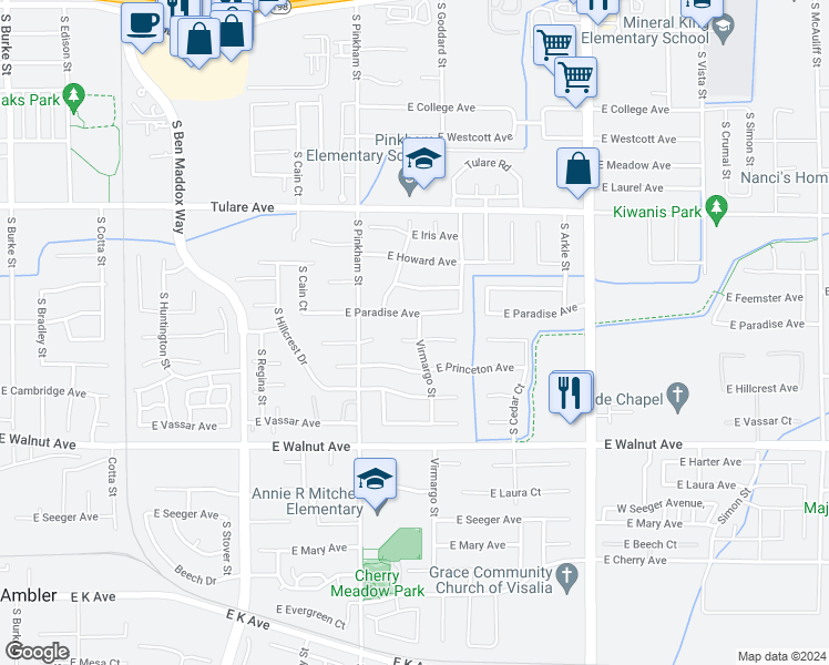 map of restaurants, bars, coffee shops, grocery stores, and more near 1549 South Virmargo Street in Visalia