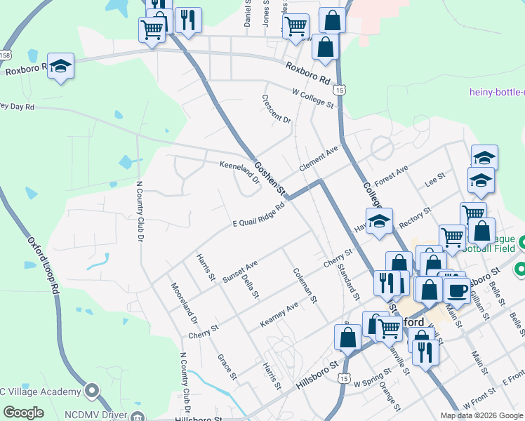 map of restaurants, bars, coffee shops, grocery stores, and more near 303 Keeneland Drive in Oxford