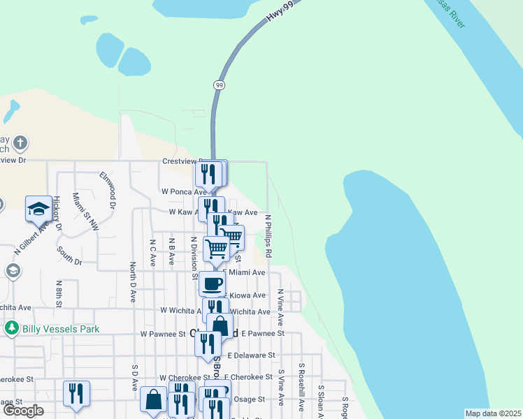 map of restaurants, bars, coffee shops, grocery stores, and more near 107 East Kaw Avenue in Cleveland