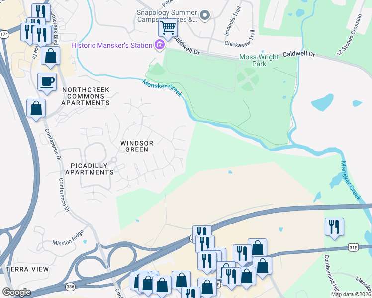 map of restaurants, bars, coffee shops, grocery stores, and more near 109 Brenton Court in Goodlettsville