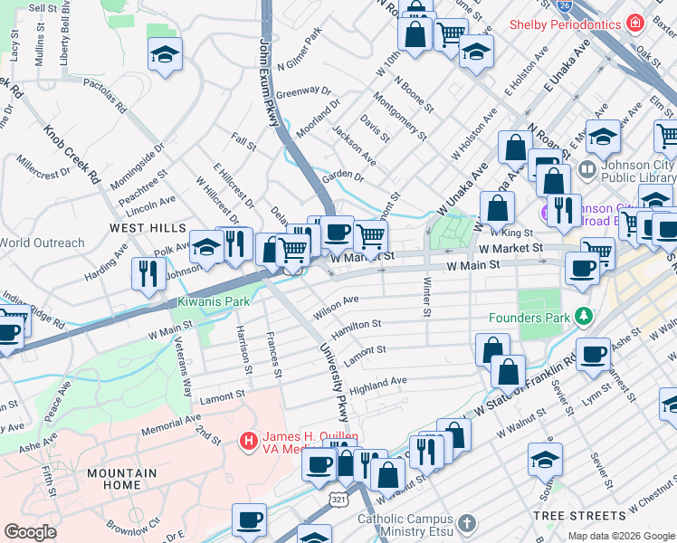 map of restaurants, bars, coffee shops, grocery stores, and more near 529 West Market Street in Johnson City