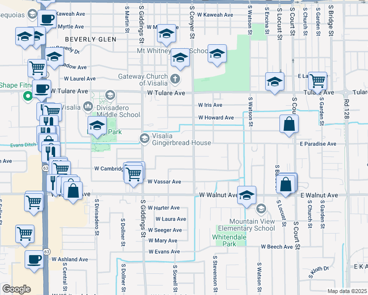map of restaurants, bars, coffee shops, grocery stores, and more near 939 West Paradise Avenue in Visalia