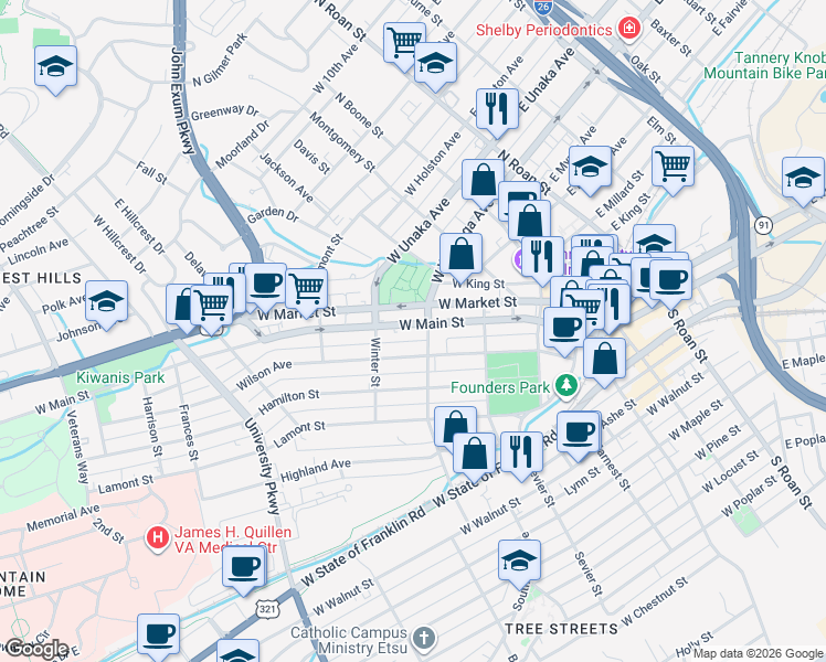 map of restaurants, bars, coffee shops, grocery stores, and more near 305 West Main Street in Johnson City