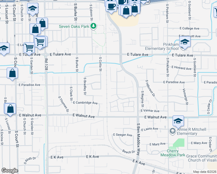 map of restaurants, bars, coffee shops, grocery stores, and more near 1323 East Feemster Avenue in Visalia