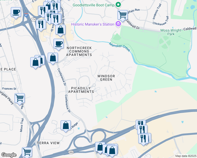 map of restaurants, bars, coffee shops, grocery stores, and more near 102 Swanton Court in Goodlettsville