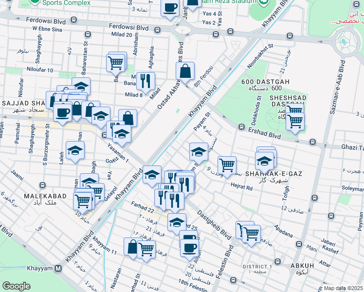 map of restaurants, bars, coffee shops, grocery stores, and more near Payam 10 in Mashhad