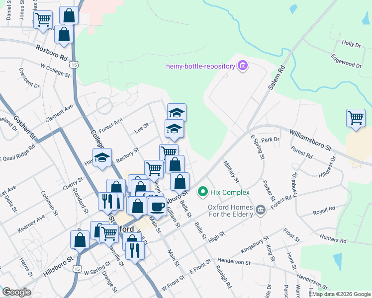 map of restaurants, bars, coffee shops, grocery stores, and more near 301 Railroad Avenue in Oxford