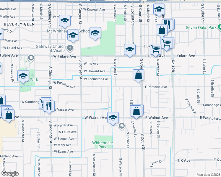 map of restaurants, bars, coffee shops, grocery stores, and more near 515 West Paradise Avenue in Visalia