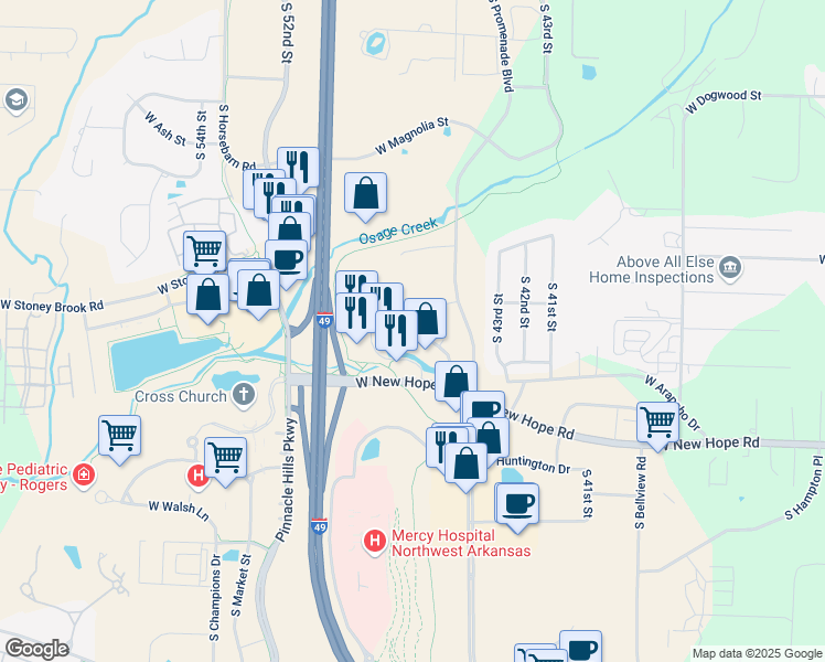 map of restaurants, bars, coffee shops, grocery stores, and more near 1715 S 46th St in Rogers