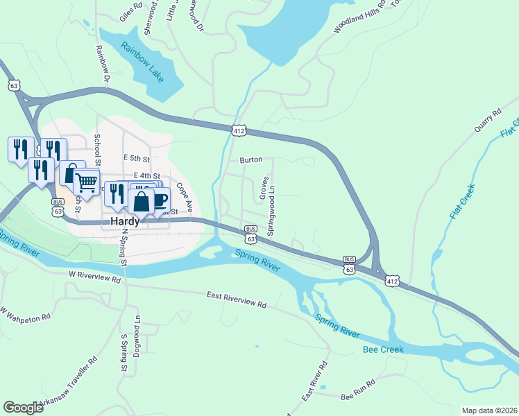 map of restaurants, bars, coffee shops, grocery stores, and more near 703 Horn Street in Hardy
