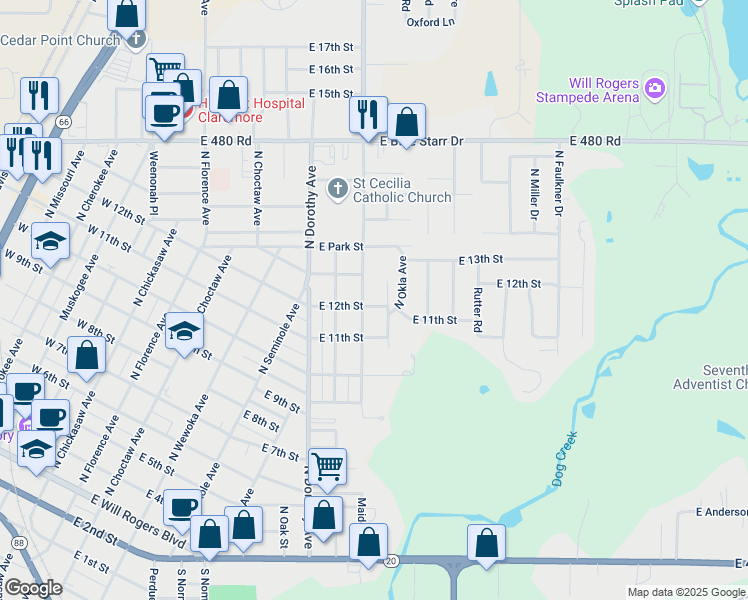 map of restaurants, bars, coffee shops, grocery stores, and more near 804 East 12th Street in Claremore