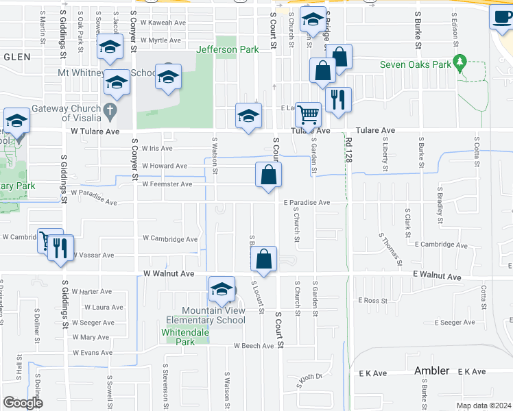 map of restaurants, bars, coffee shops, grocery stores, and more near 207 West Paradise Avenue in Visalia