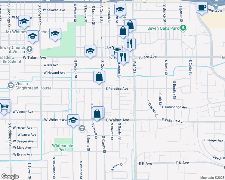 map of restaurants, bars, coffee shops, grocery stores, and more near 201 East Paradise Avenue in Visalia