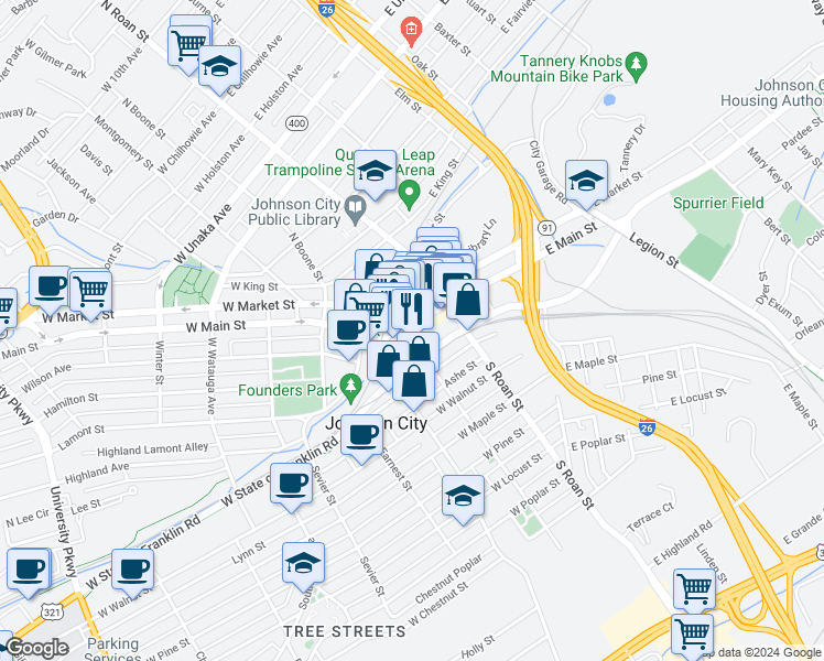 map of restaurants, bars, coffee shops, grocery stores, and more near 202 East Main Street in Johnson City