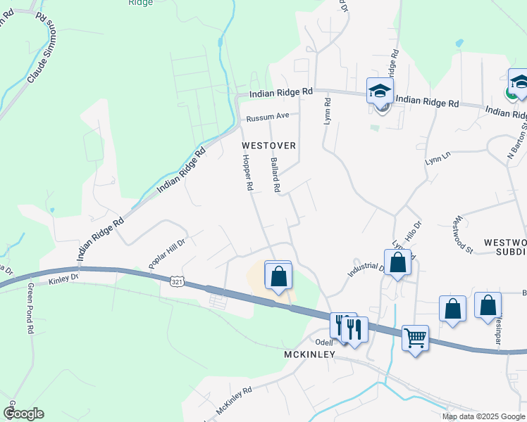 map of restaurants, bars, coffee shops, grocery stores, and more near 176 Hopper Road in Johnson City