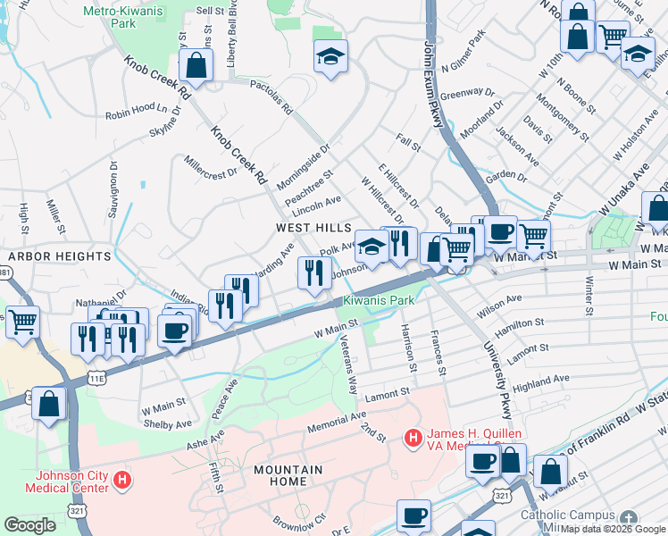 map of restaurants, bars, coffee shops, grocery stores, and more near 826 Johnson Avenue in Johnson City