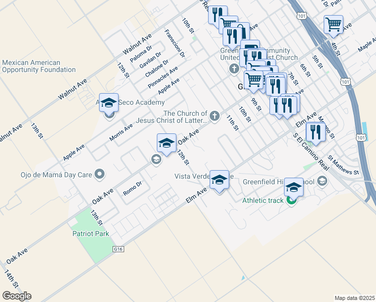 map of restaurants, bars, coffee shops, grocery stores, and more near 1209 Oak Avenue in Greenfield