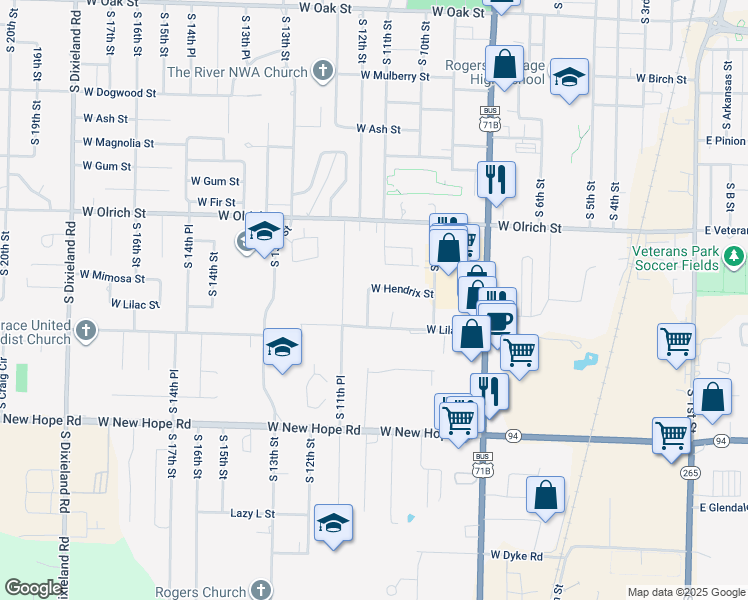 map of restaurants, bars, coffee shops, grocery stores, and more near 1053 West Hendrix Street in Rogers